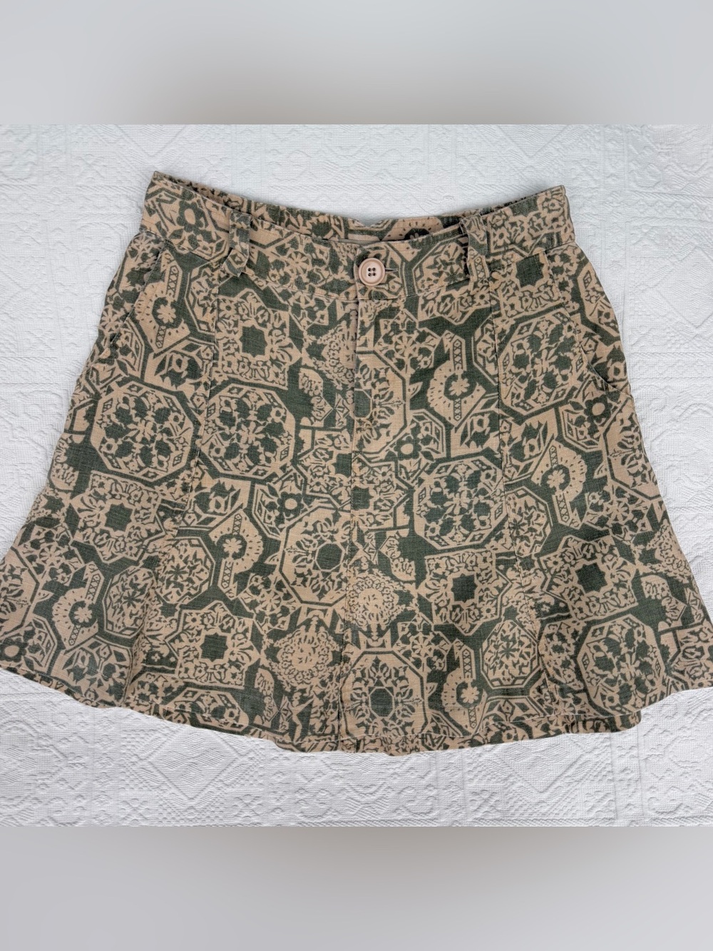 100% Linen A-Line Skirt by The Territory Ahead, Sage green Boho Pattern